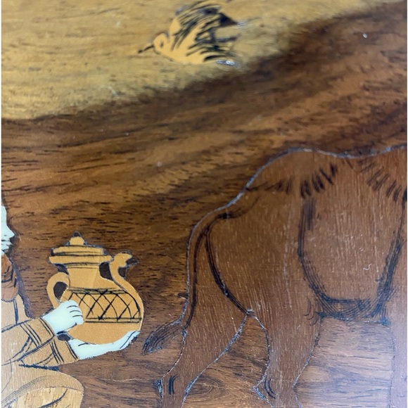 Vintage Wood Plaque Marquetry Inlay Middle East Campsite Tent Camel Palm Trees - Picture 9 of 10